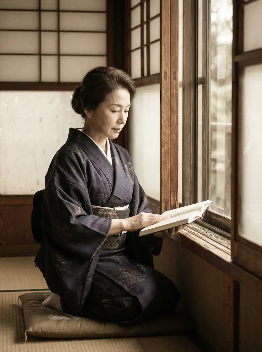 一位优雅的五十岁 朋友的妈妈2021在钱 身穿深蓝色和服，在窗边静读